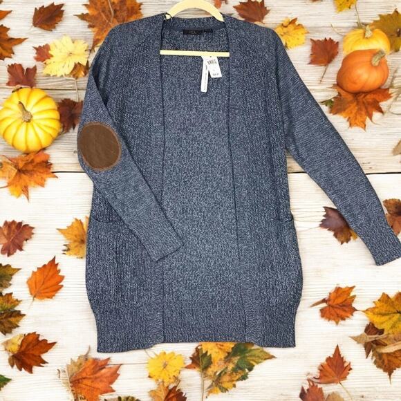 RDI Womens XS Blue Cardigan Sweater Elbow Patches Pockets Cotton Blend NWT - Picture 1 of 10